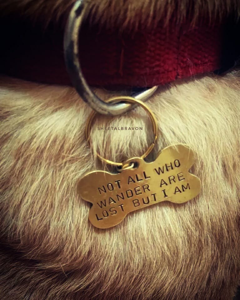Dog tag with a quote by J.R.R. Tolkien with a twist- not all who wander are lost but I am. 